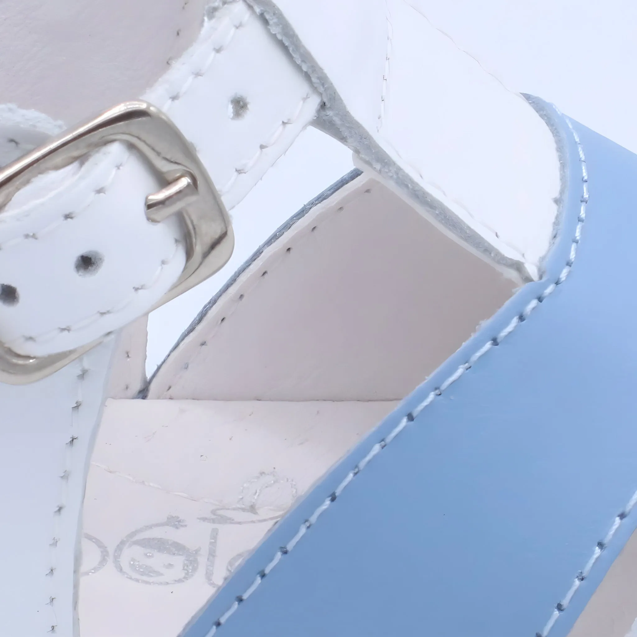 'Myles' Boys White Leather with Pale Blue & Blue T-Bar Sandals