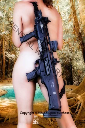 naked army woman carrying assault rifle