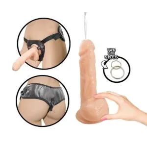 Natural Realskin 8 Inch Squirting Dildo with Harness - Vanilla