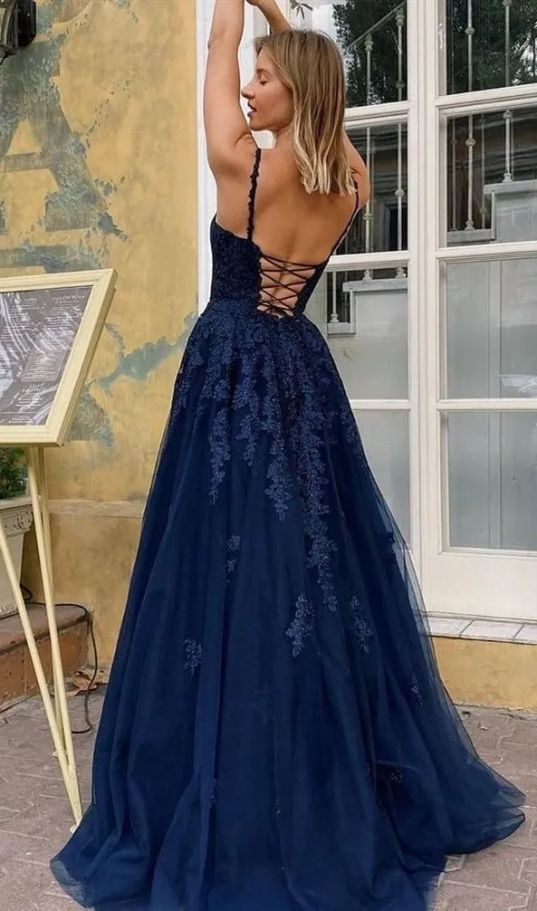 Navy Blue Lace Appliques Prom Dress Long V Neck Spaghetti Straps A-line Tulle Evening Gowns OKZ89