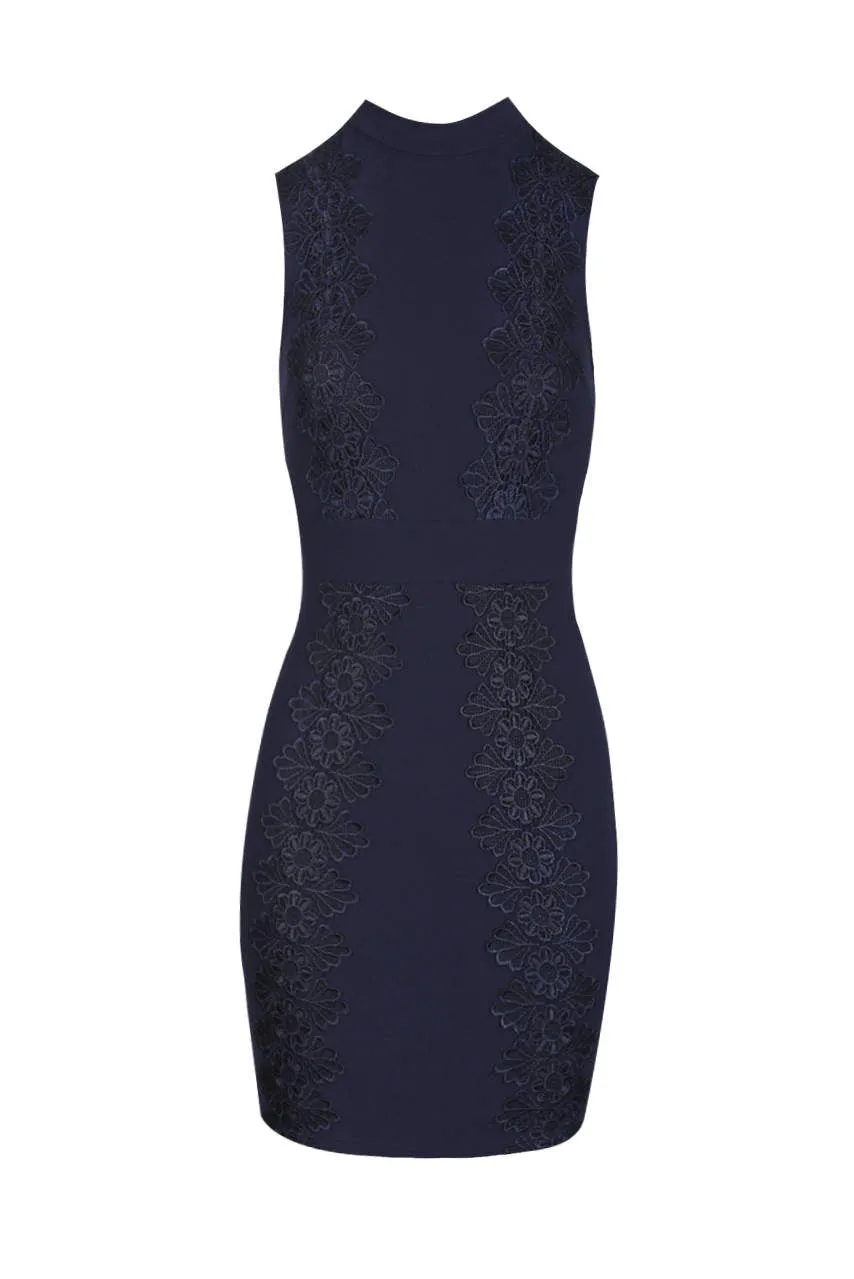 Navy Crochet Detail High Neck Mini Dress