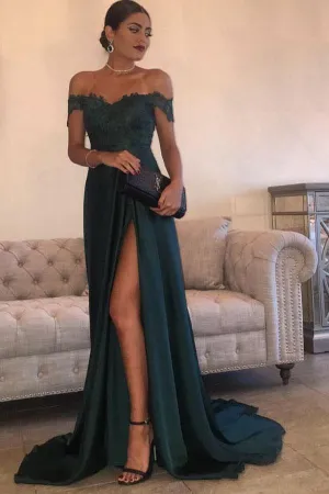 Navy Green Chiffon High Side Split Lace Top A Line Long Prom Dresses, MP304
