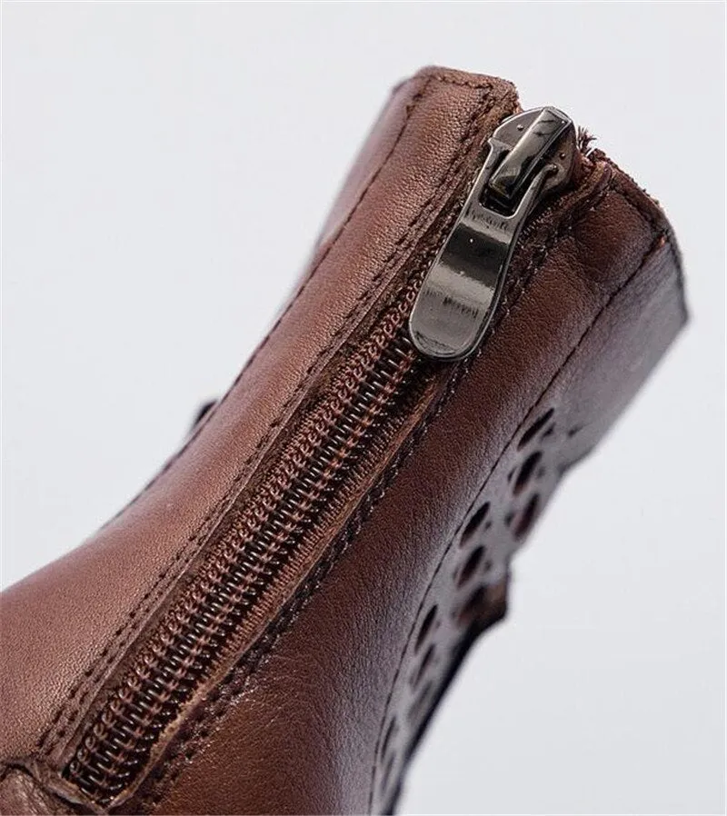 New 100% Natural Full Genuine Leather Boots Hole Shoes Sandals Women Cool Boots Hand-stitched Relro Non-slip Wedges Ankle Boots