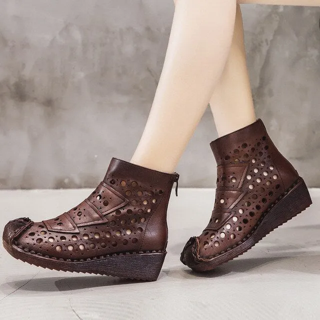 New 100% Natural Full Genuine Leather Boots Hole Shoes Sandals Women Cool Boots Hand-stitched Relro Non-slip Wedges Ankle Boots