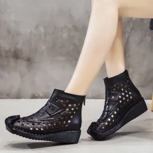New 100% Natural Full Genuine Leather Boots Hole Shoes Sandals Women Cool Boots Hand-stitched Relro Non-slip Wedges Ankle Boots