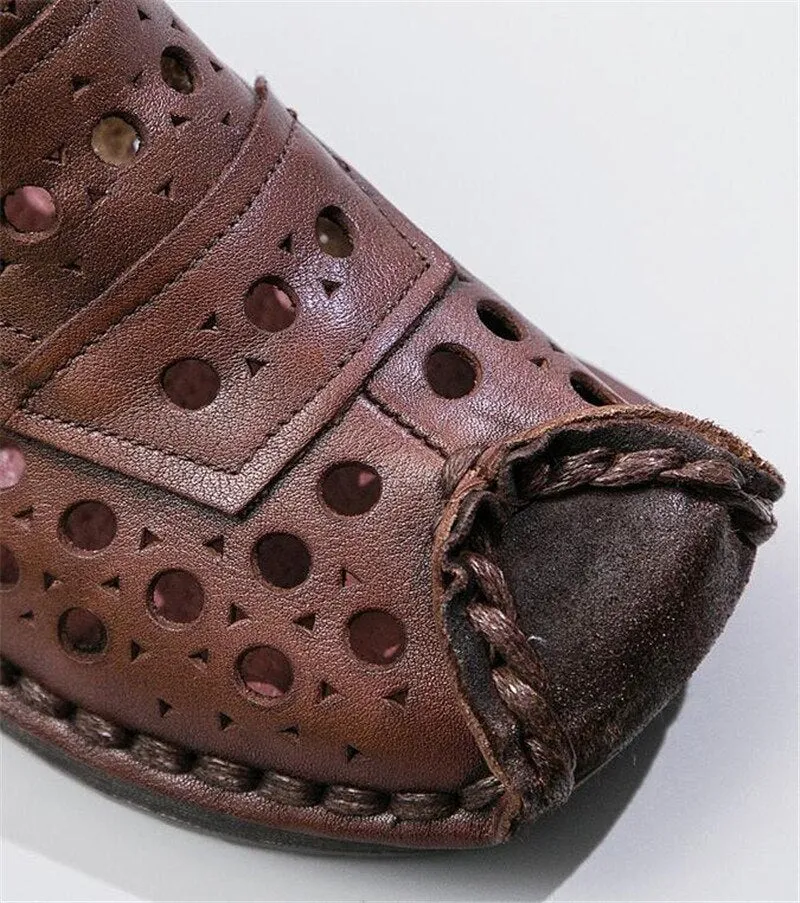 New 100% Natural Full Genuine Leather Boots Hole Shoes Sandals Women Cool Boots Hand-stitched Relro Non-slip Wedges Ankle Boots