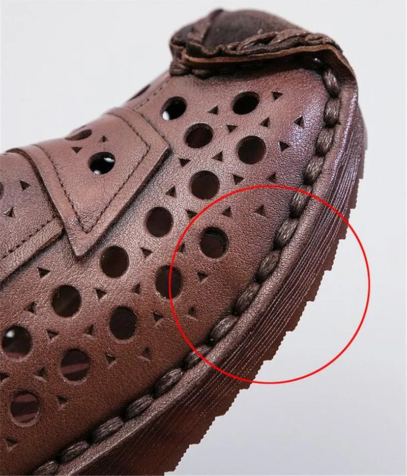 New 100% Natural Full Genuine Leather Boots Hole Shoes Sandals Women Cool Boots Hand-stitched Relro Non-slip Wedges Ankle Boots