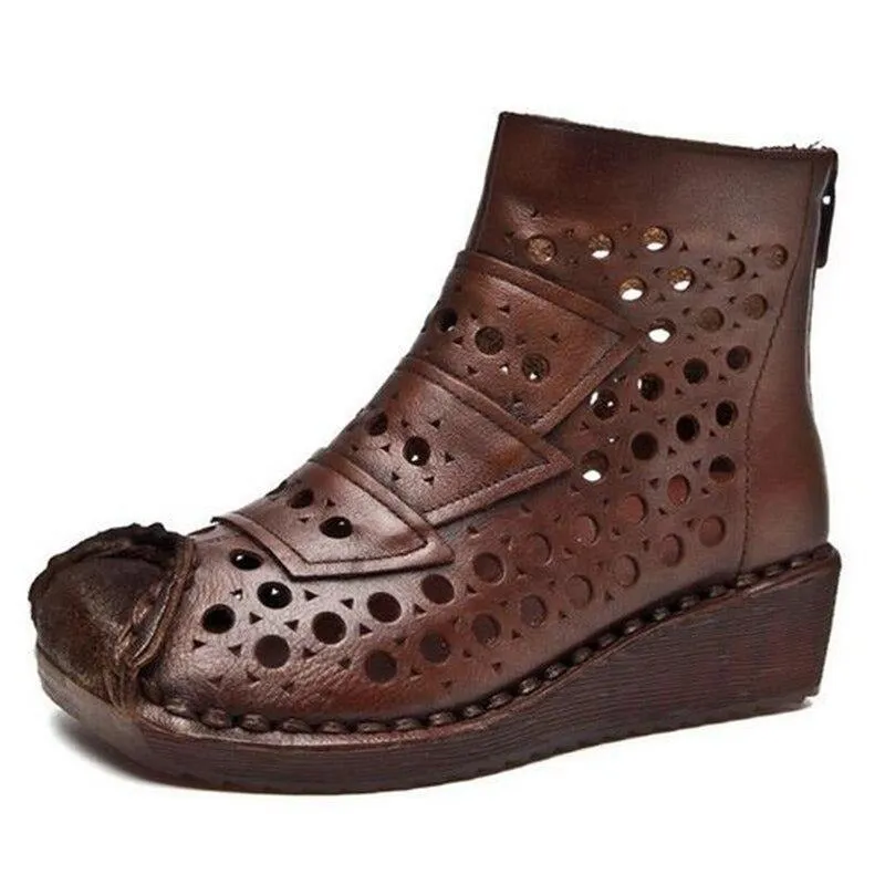 New 100% Natural Full Genuine Leather Boots Hole Shoes Sandals Women Cool Boots Hand-stitched Relro Non-slip Wedges Ankle Boots