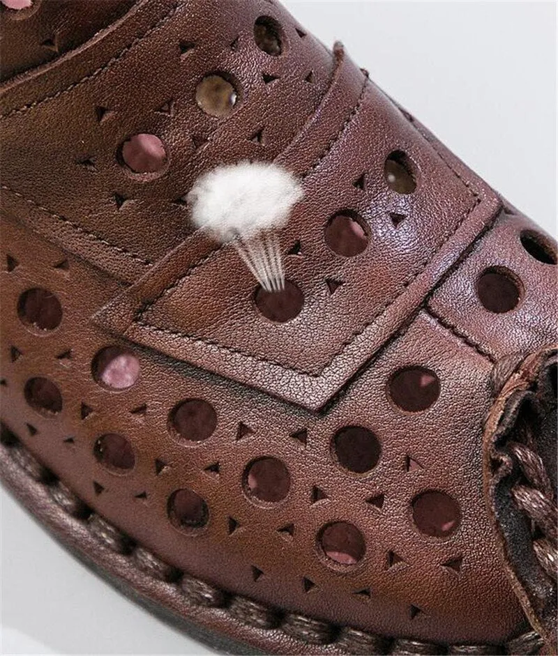 New 100% Natural Full Genuine Leather Boots Hole Shoes Sandals Women Cool Boots Hand-stitched Relro Non-slip Wedges Ankle Boots