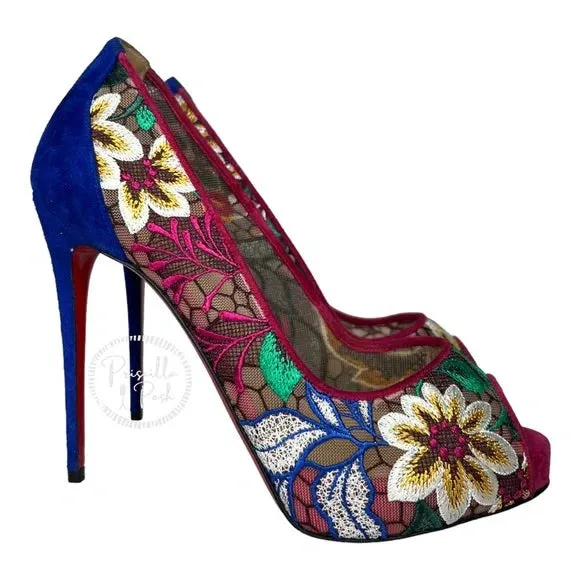 NEW Christian Louboutin Floral Embroidered Heels Pumps Peep Toe Platform Blue 37