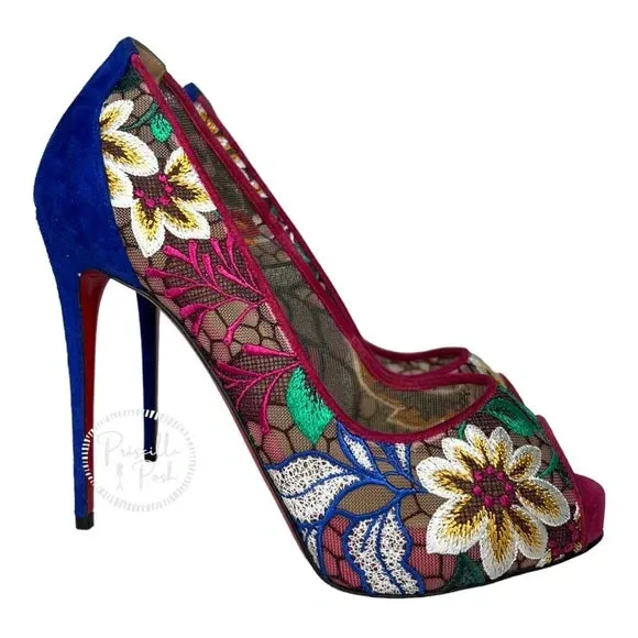NEW Christian Louboutin Floral Embroidered Heels Pumps Peep Toe Platform Blue 37
