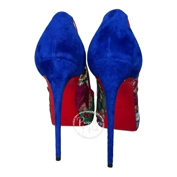 NEW Christian Louboutin Floral Embroidered Heels Pumps Peep Toe Platform Blue 37