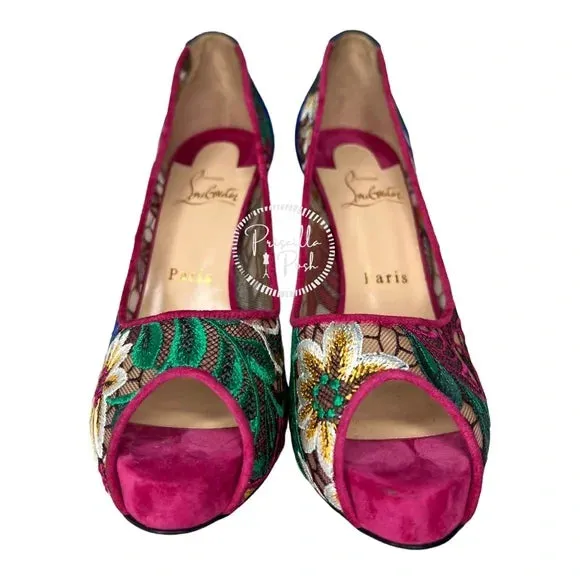 NEW Christian Louboutin Floral Embroidered Heels Pumps Peep Toe Platform Blue 37