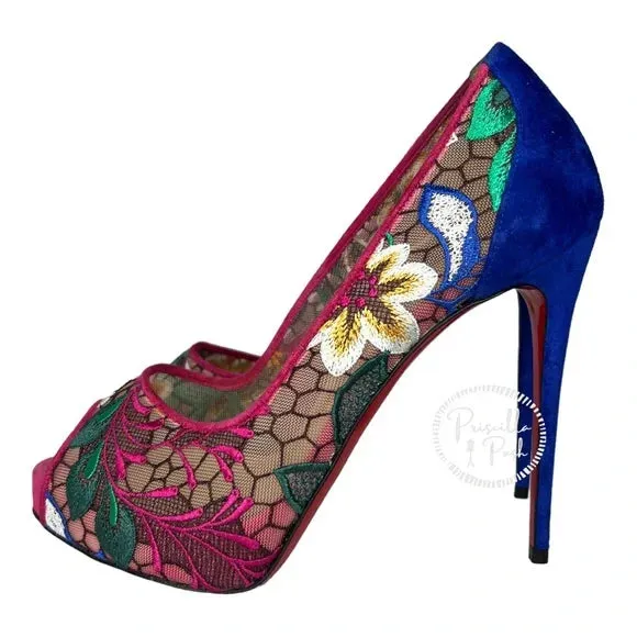 NEW Christian Louboutin Floral Embroidered Heels Pumps Peep Toe Platform Blue 37