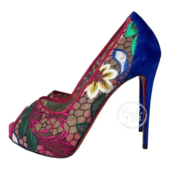 NEW Christian Louboutin Floral Embroidered Heels Pumps Peep Toe Platform Blue 37