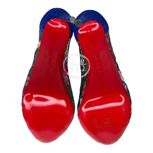 NEW Christian Louboutin Floral Embroidered Heels Pumps Peep Toe Platform Blue 37