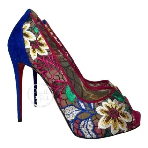 NEW Christian Louboutin Floral Embroidered Heels Pumps Peep Toe Platform Blue 37