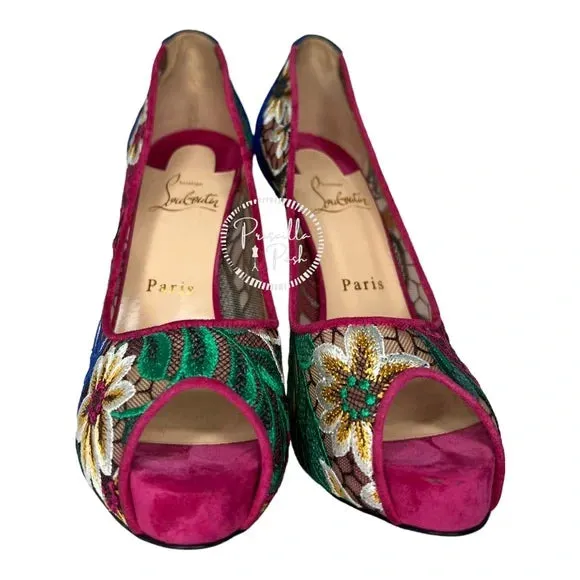 NEW Christian Louboutin Floral Embroidered Heels Pumps Peep Toe Platform Blue 37