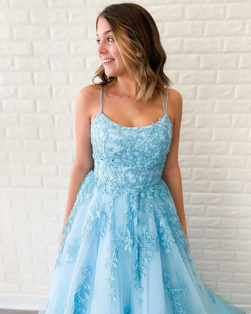 New Formal A-line Spaghetti Straps Lace Appliqued Long Blue Prom Dress OKT5
