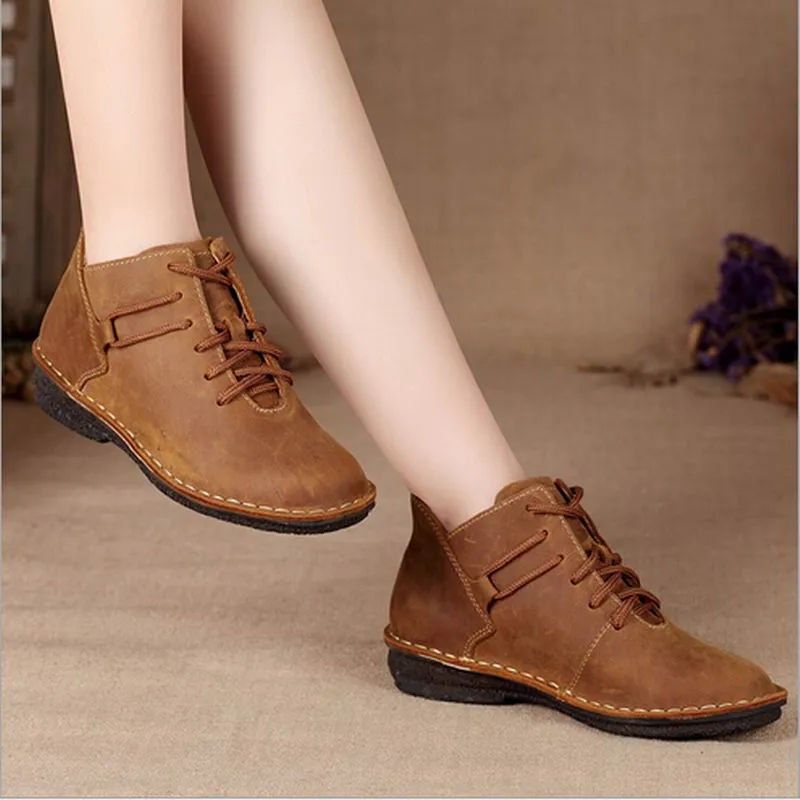 New Nice Women Genuine Leather Shoes Vintage Casual Shoes Women Fashion Ankle Boots Flat Heel Motorcycle Boots Shoes For Woman