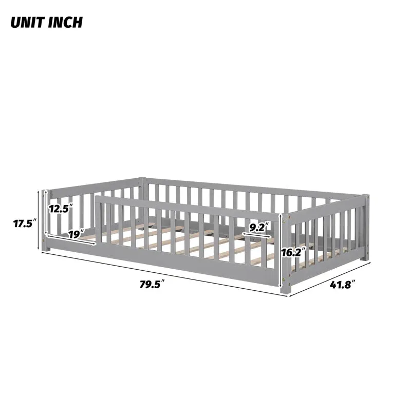 NIB! Harriet Bee Twin Floor Platform Bed with Fence Grey! Retails $370  NOTE: small spot on wood grey rubbed off from transport, could easily touch up