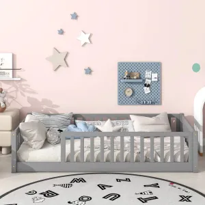 NIB! Harriet Bee Twin Floor Platform Bed with Fence Grey! Retails $370  NOTE: small spot on wood grey rubbed off from transport, could easily touch up