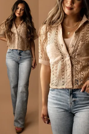Nobody But You Crochet Short Sleeve Blouse (Taupe)