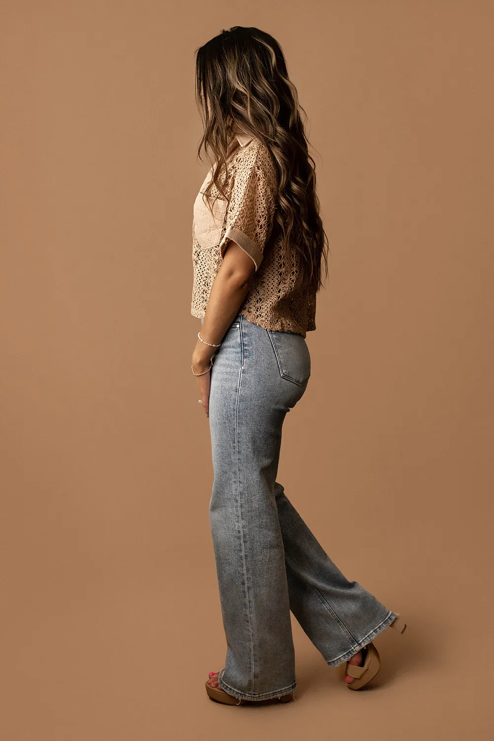 Nobody But You Crochet Short Sleeve Blouse (Taupe)
