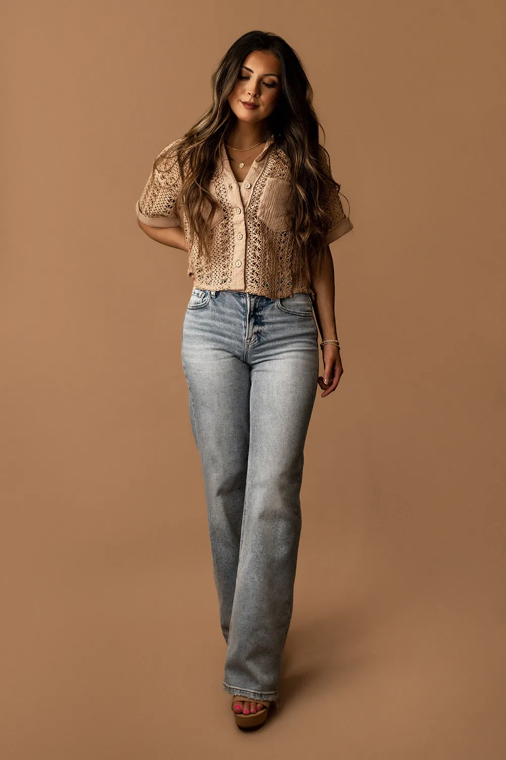 Nobody But You Crochet Short Sleeve Blouse (Taupe)