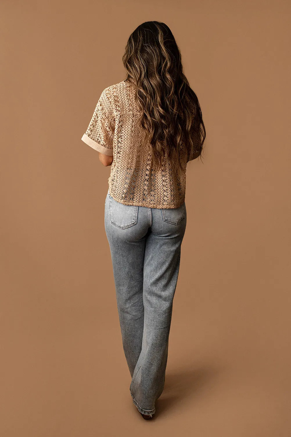 Nobody But You Crochet Short Sleeve Blouse (Taupe)