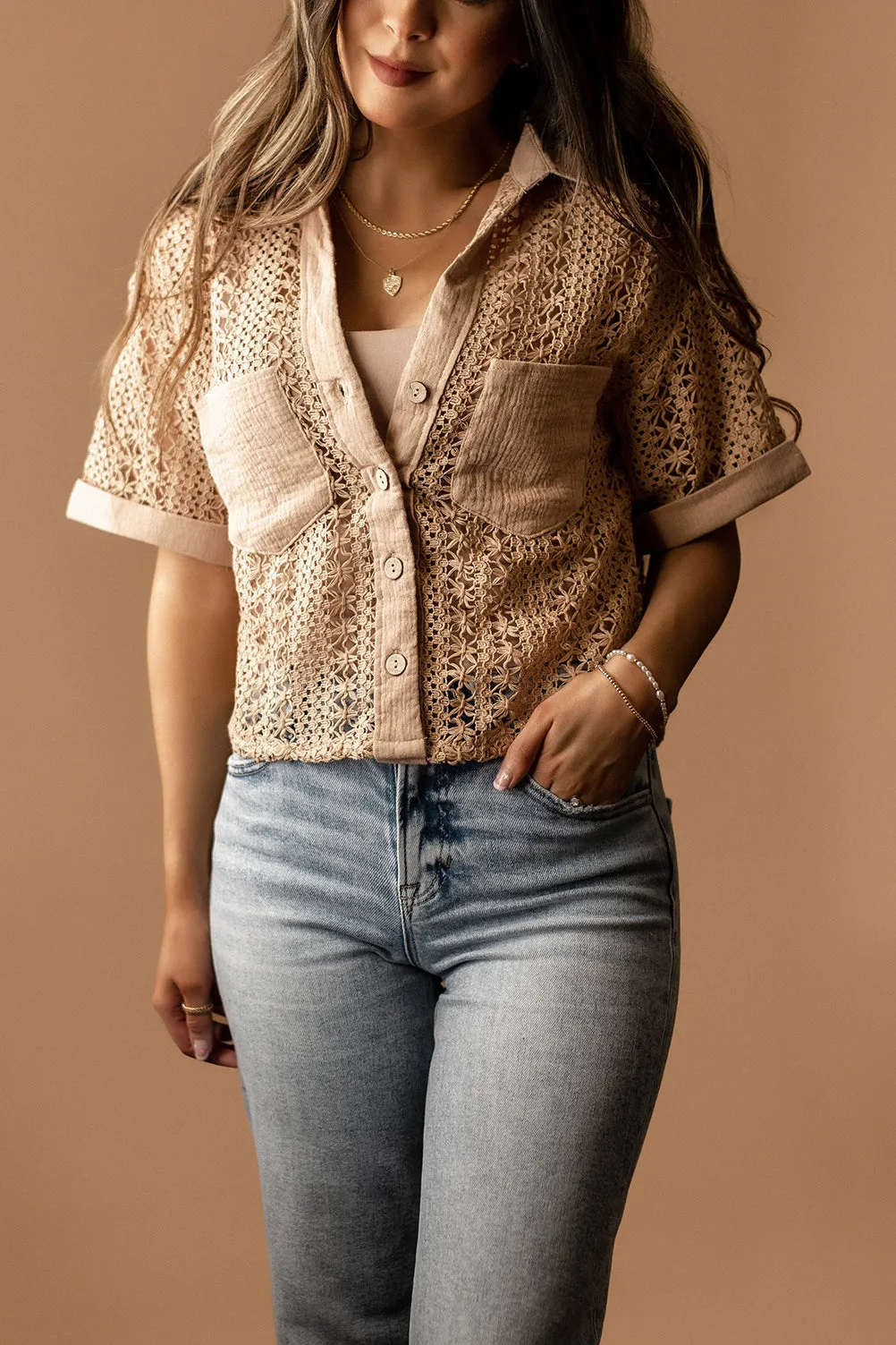 Nobody But You Crochet Short Sleeve Blouse (Taupe)