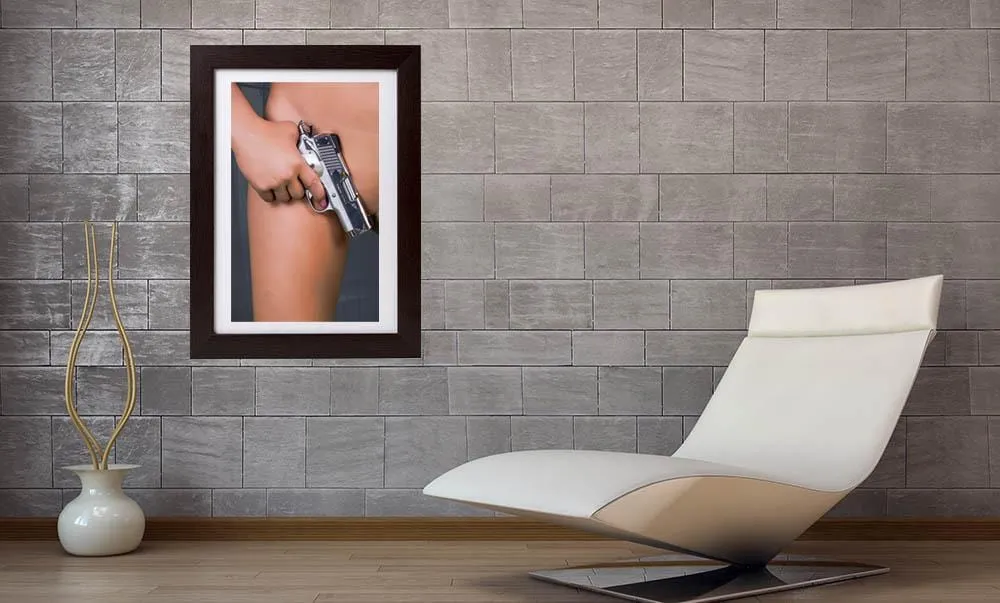 nude woman body front view holding chrome pistol color poster
