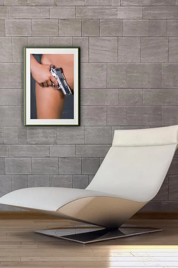 nude woman body front view holding chrome pistol color poster