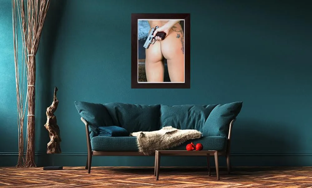 nude woman rear view holding ruger pistol color poster