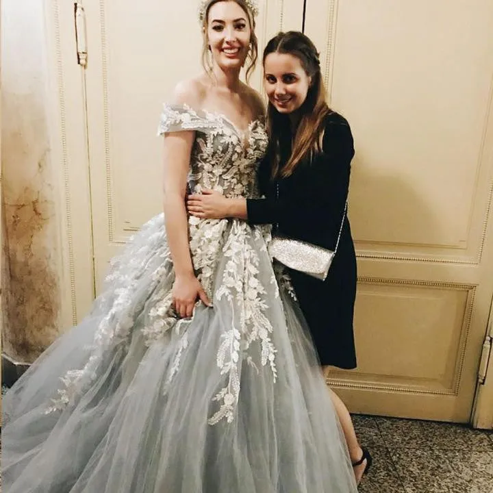 Off-the-Shoulder Grey Tulle Applique Charming Cheap Long Ball Gown Prom Dresses OKE48
