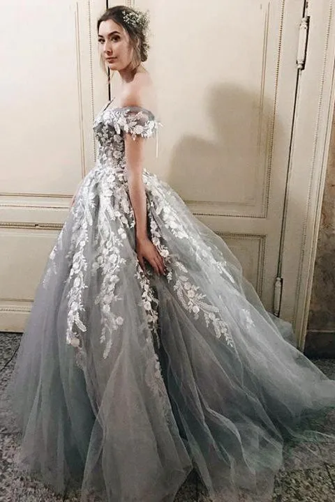 Off-the-Shoulder Grey Tulle Applique Charming Cheap Long Ball Gown Prom Dresses OKE48