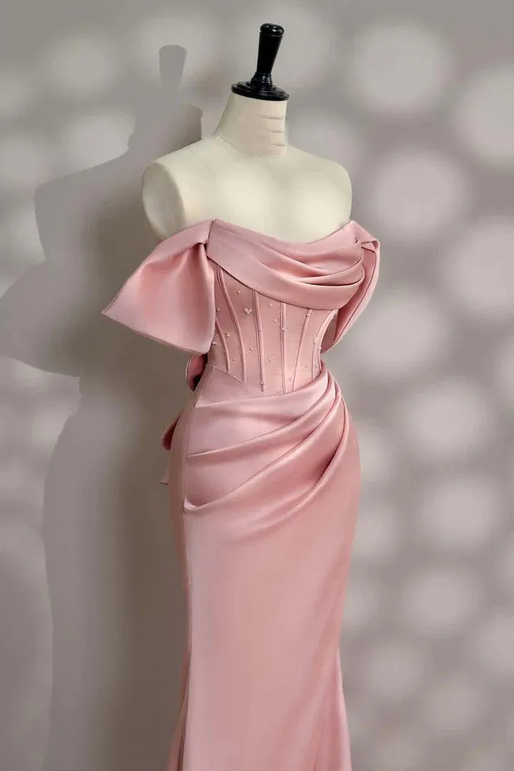 Off the Shoulder Light Pink Corset Prom Dress Evening Dress TP1394