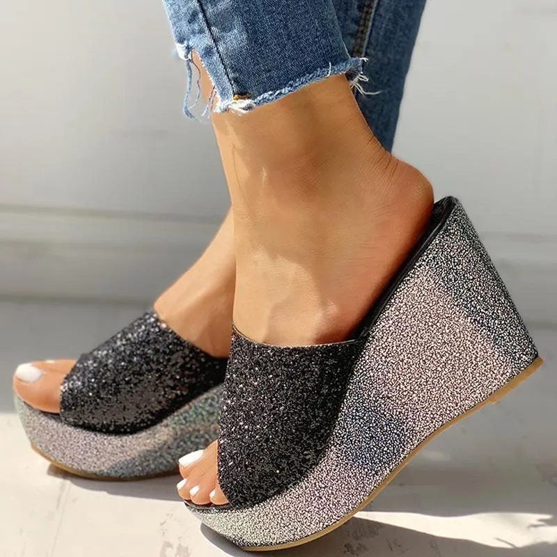 Open Toe Sequins Platform Sandals