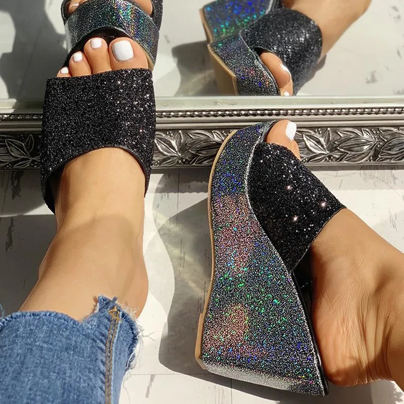 Open Toe Sequins Platform Sandals
