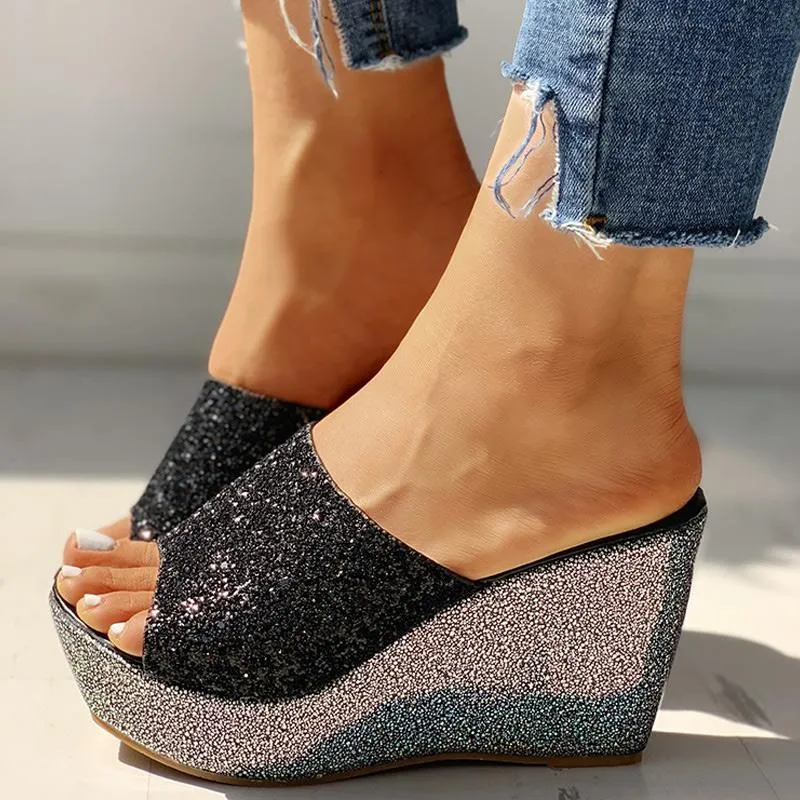 Open Toe Sequins Platform Sandals
