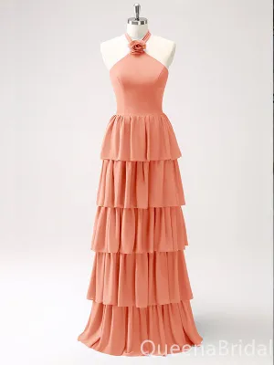 Orange Layer A-line Halter Evening Gown Maxi Long Evening Party Prom Dresses ,WGP1210