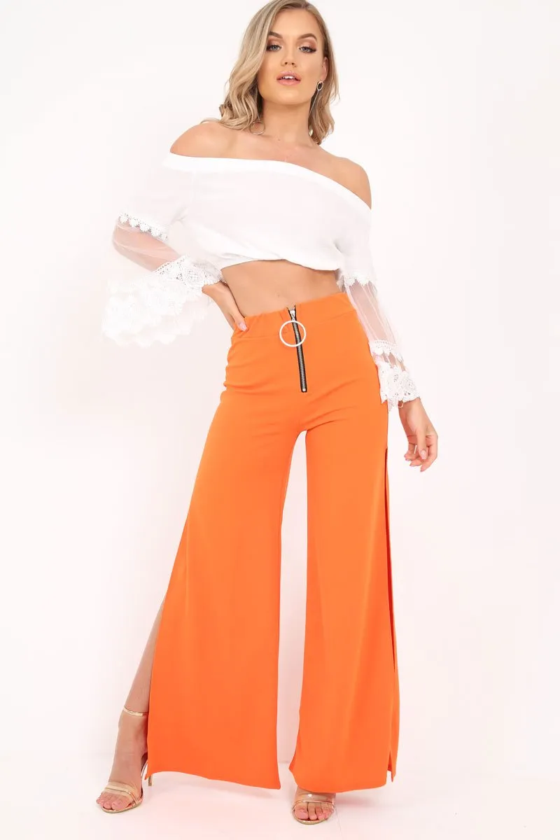 Orange Zip Front High Waisted Flare Trousers - Gerta