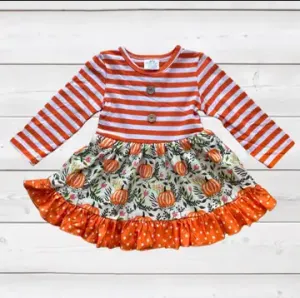 Orange/White Striped Pumpkin Ruffle Twirl Dress