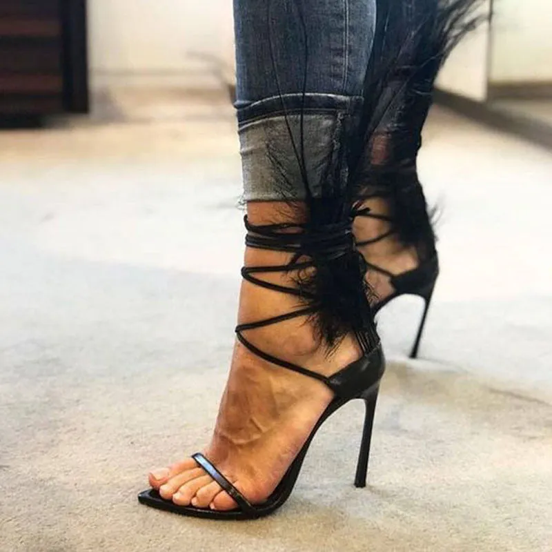 Ostrich feather Roman Sandal high heels