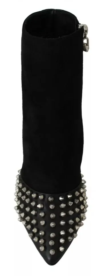 Philipp Plein Black Suede Studded Heels Ankle Boots Shoes