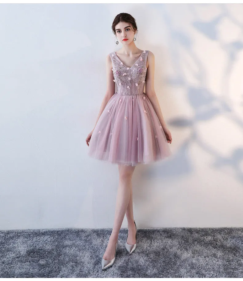 Pink A-Line V Neck Flowers Short Homecoming Dresses,Mini School Dress OKC63