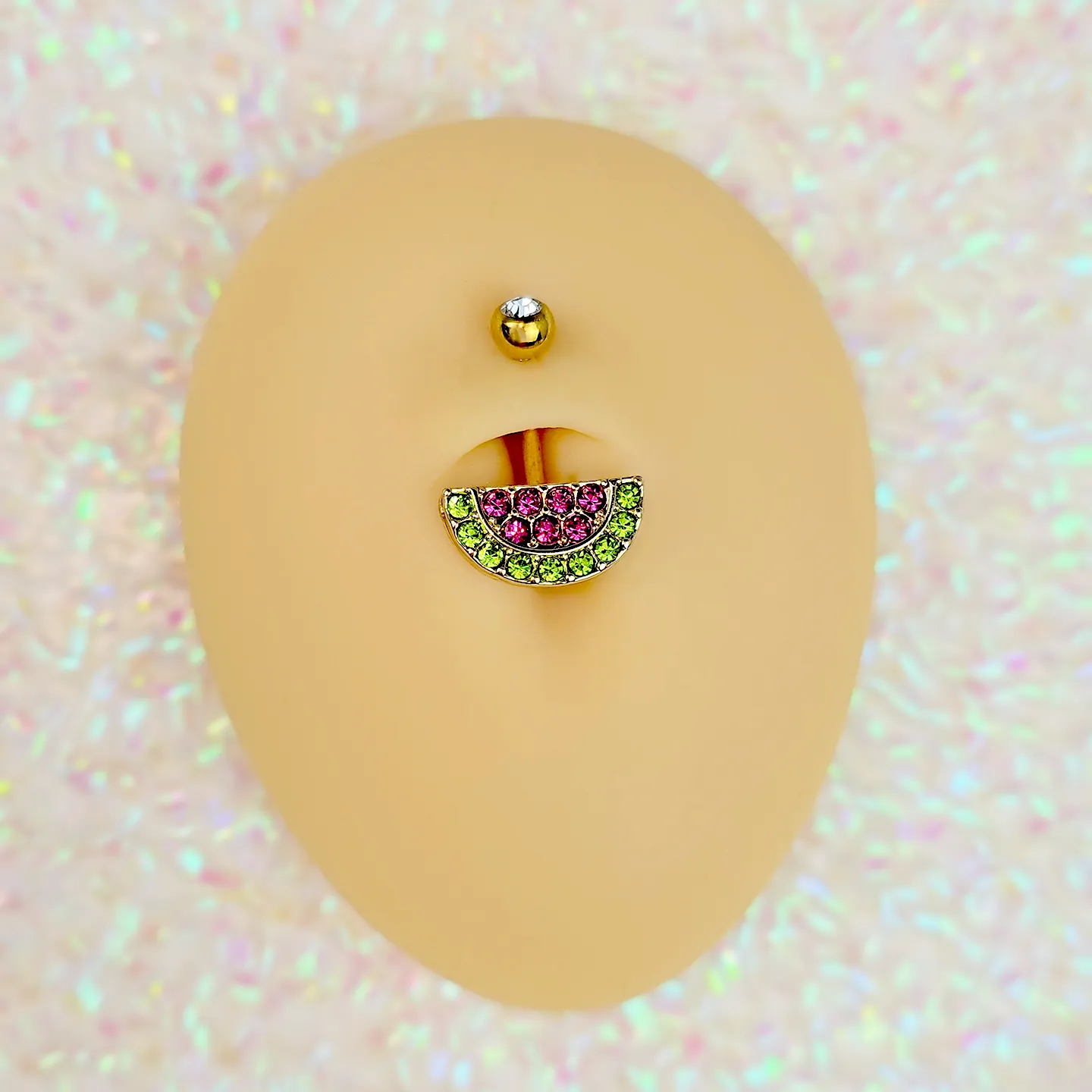 Pink Green Gem Gold Tone Watermelon Yum Belly Ring