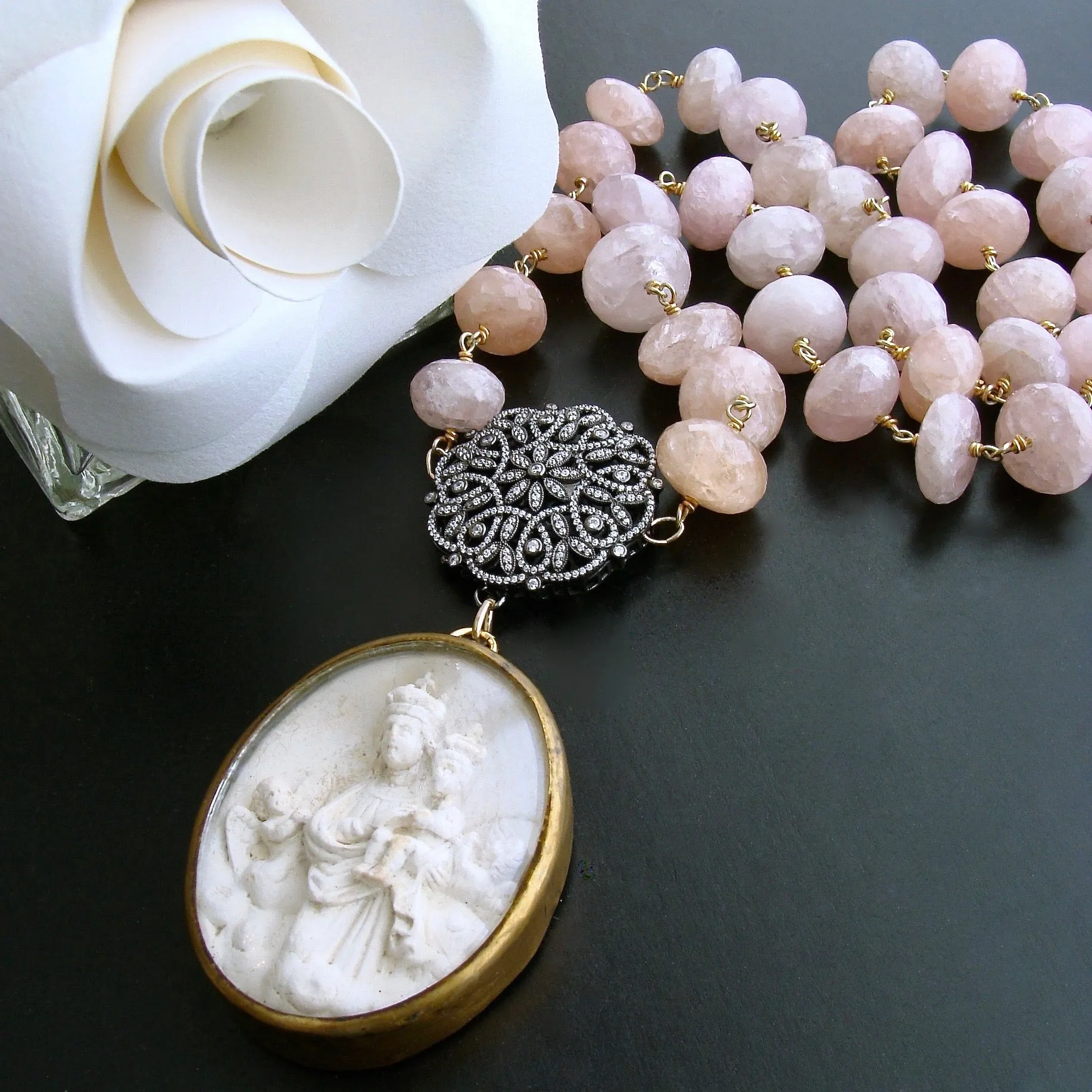 Pink Morganite Filigree Clasp With French Meerschaum Reliquary Ex Voto Pendant - Madonna Necklace