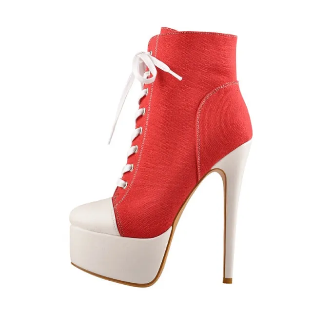 Platform Canvas Ankle Booties 16CM High Heel Lace Up Pump