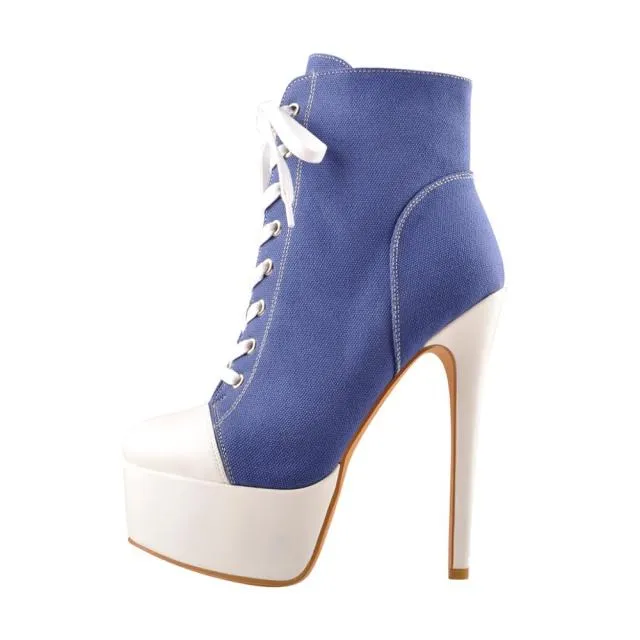 Platform Canvas Ankle Booties 16CM High Heel Lace Up Pump